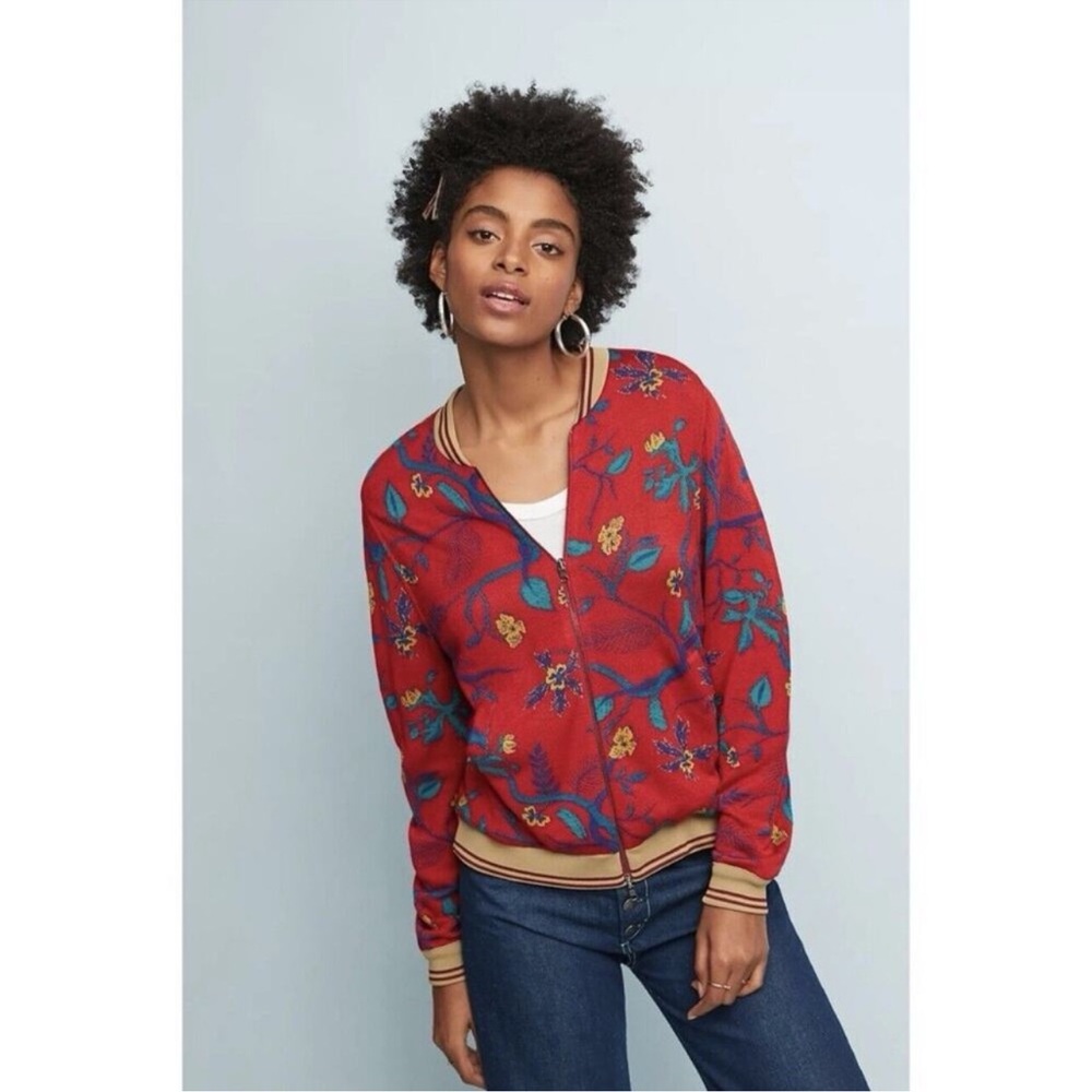NWOT Anthropologie Aldomartins Floral Red Knit Zip Up Bomber Jacket